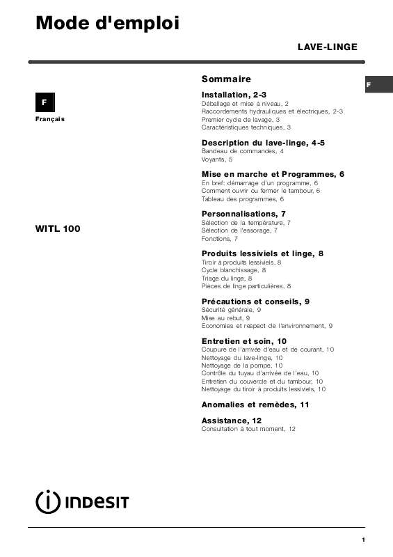 Notice lavelinge INDESIT WITL 100 Trouver une solution à un problème — free download
